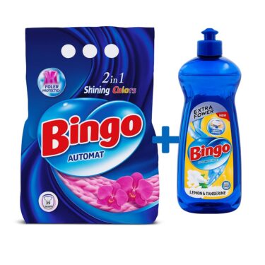 Bingo detergent pudra 2kg, 2in1 toate culorile + Bingo detergent de vase, cod 2178
