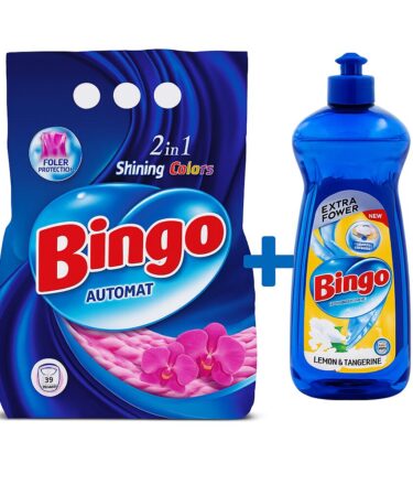 Bingo detergent pudra 2kg, 2in1 toate culorile + Bingo detergent de vase, cod 2178